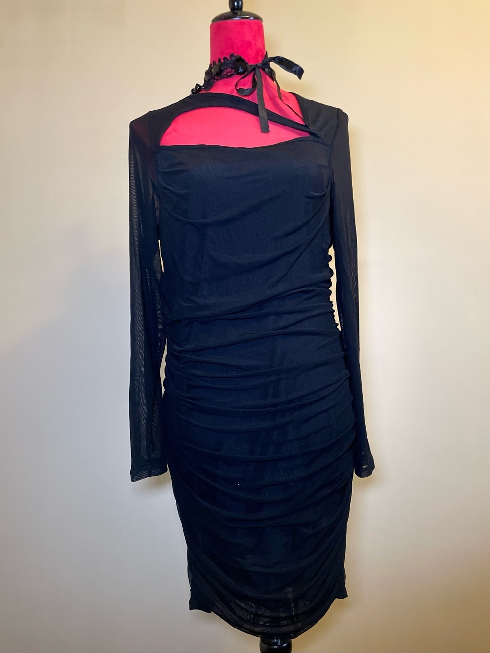 Black Ruched Long-Sleeve Cutout Dress
